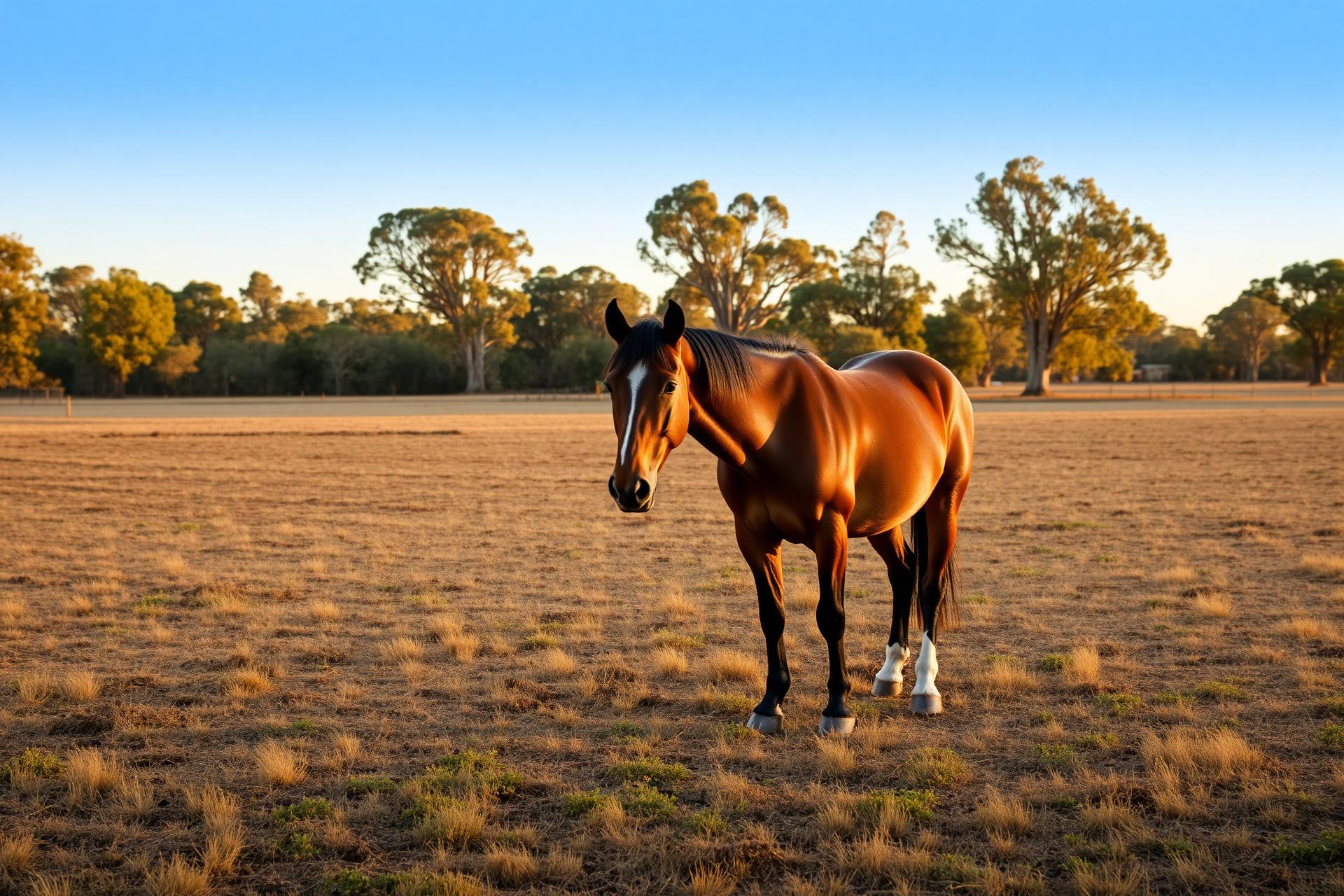 A bay horse grazing in a Queensland paddock at golden hour