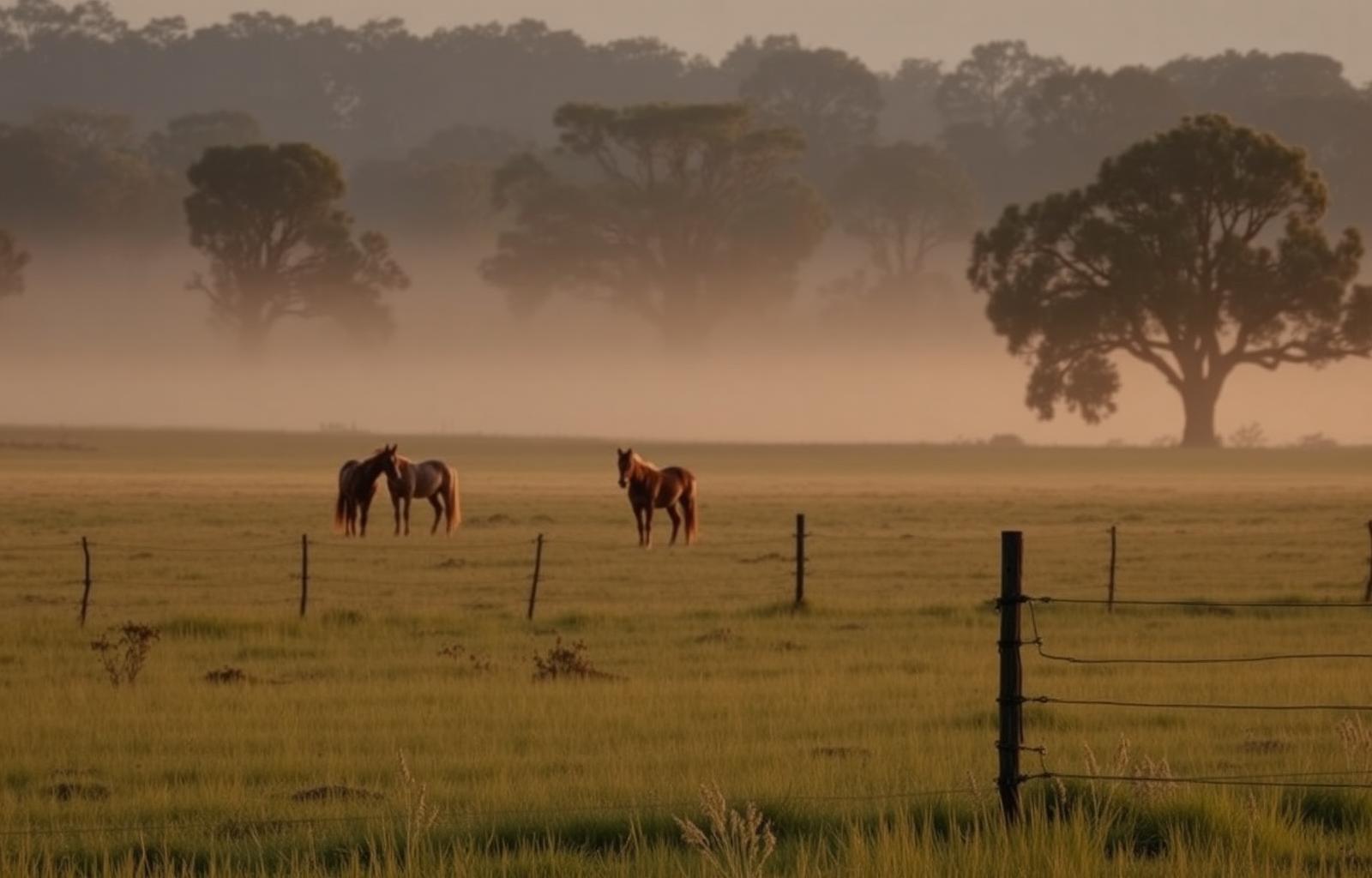 Horses grazing in a misty paddock at sunrise